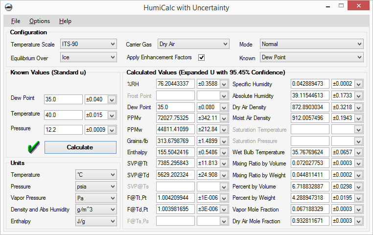 HumiCalc Shown with a Dew Point Setting of 35.0 °C and Test Temp at 40.0 °C.