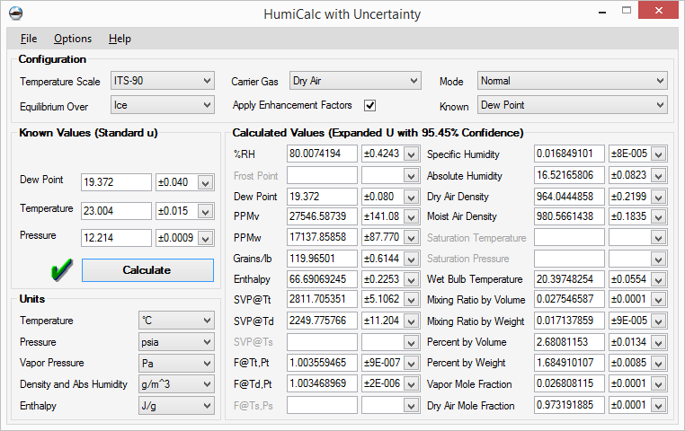 HumiCalc Screen Shows Calculated Values.